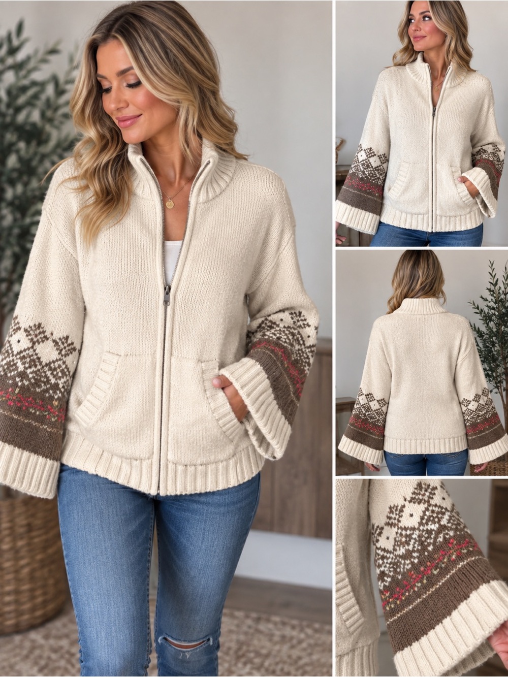 Old Navy Y2K 2007 Fair Isle Lambswool Bell Sleeve Zip Cardigan Sweater L